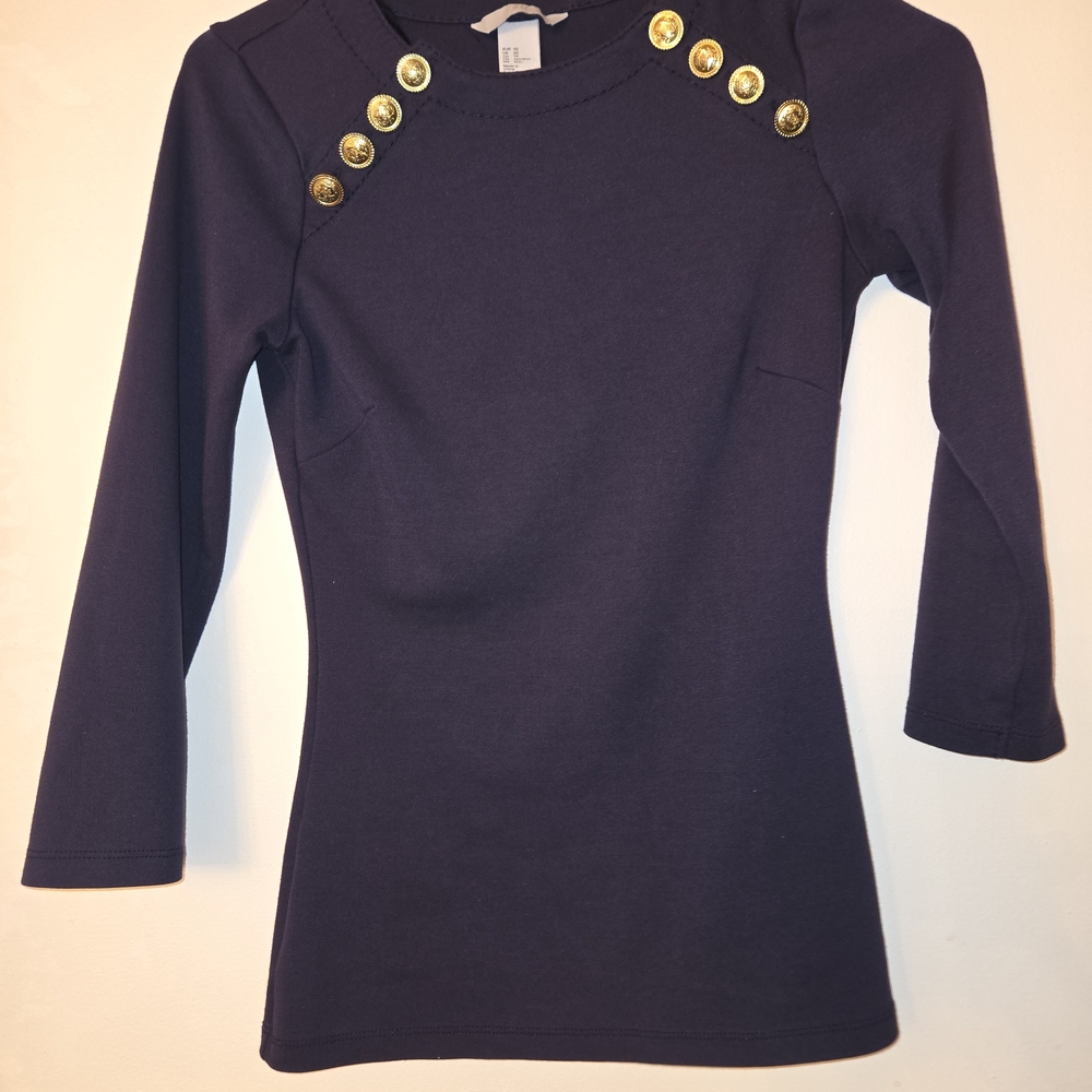 H&M Elegant Navy Blue Top with Gold Button Accents
